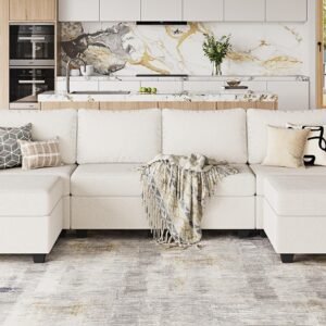 7 Seat L Shaped Modular Sectional Sleeper Sofa Bed with Ottoman/Pull Out Bed/Reclining Backrest/USB Ports/Table/LED Light/Storage Seat, Tool-Free Assembly, Chenille Dark Grey