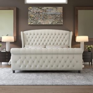 King Size Platform Bed Frame, Chenille Upholstered Sleigh Bed with Scroll Wingback Headboard & Footboard/Button Tufted/No Box Spring Required/Cream