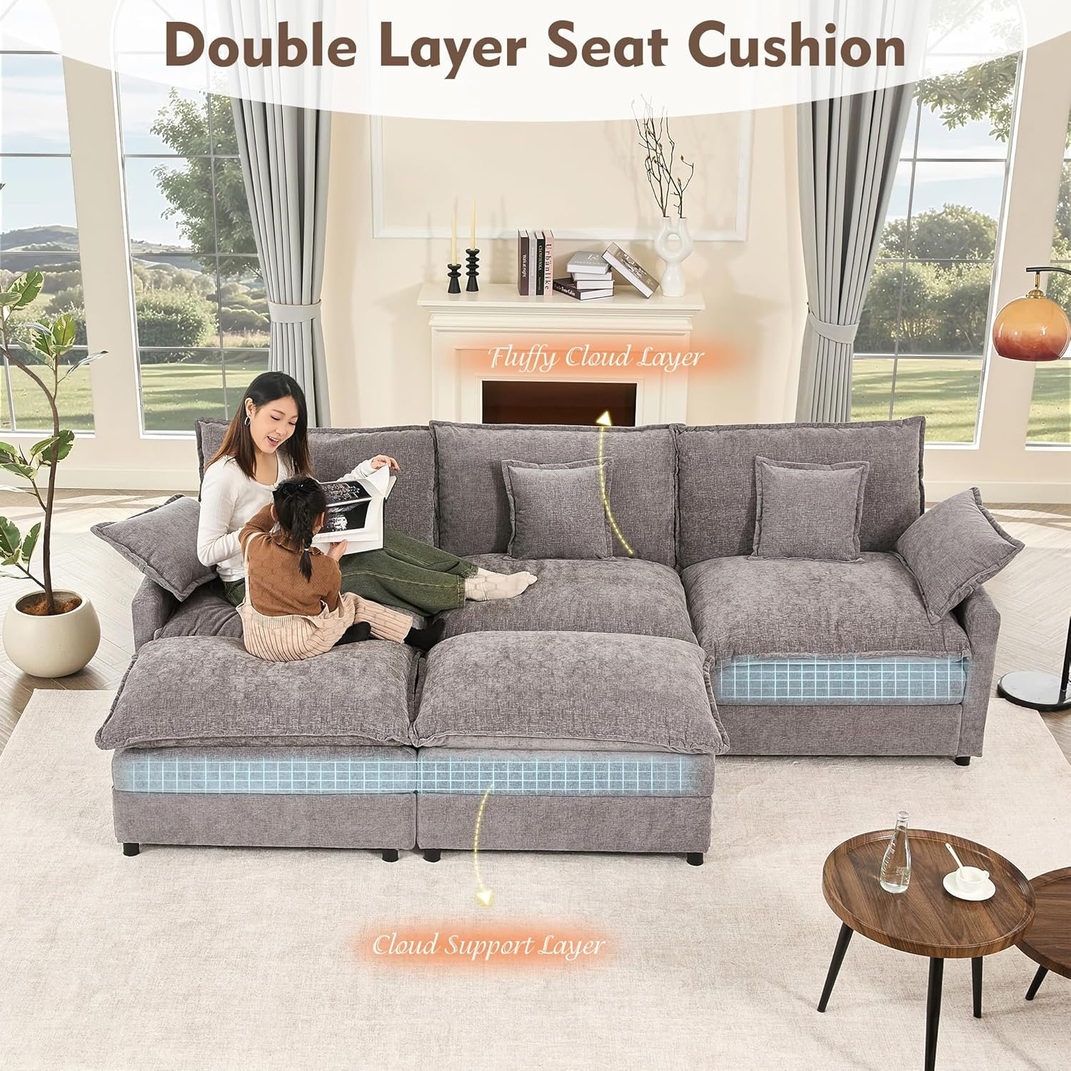 108" U Shaped Couch, Modular Sectional Sofa, 3-Seater Comfy Cloud Couch with Movable Ottoman, Deep Seat Couches for Living Room, Chenille, Slate - 图片 2