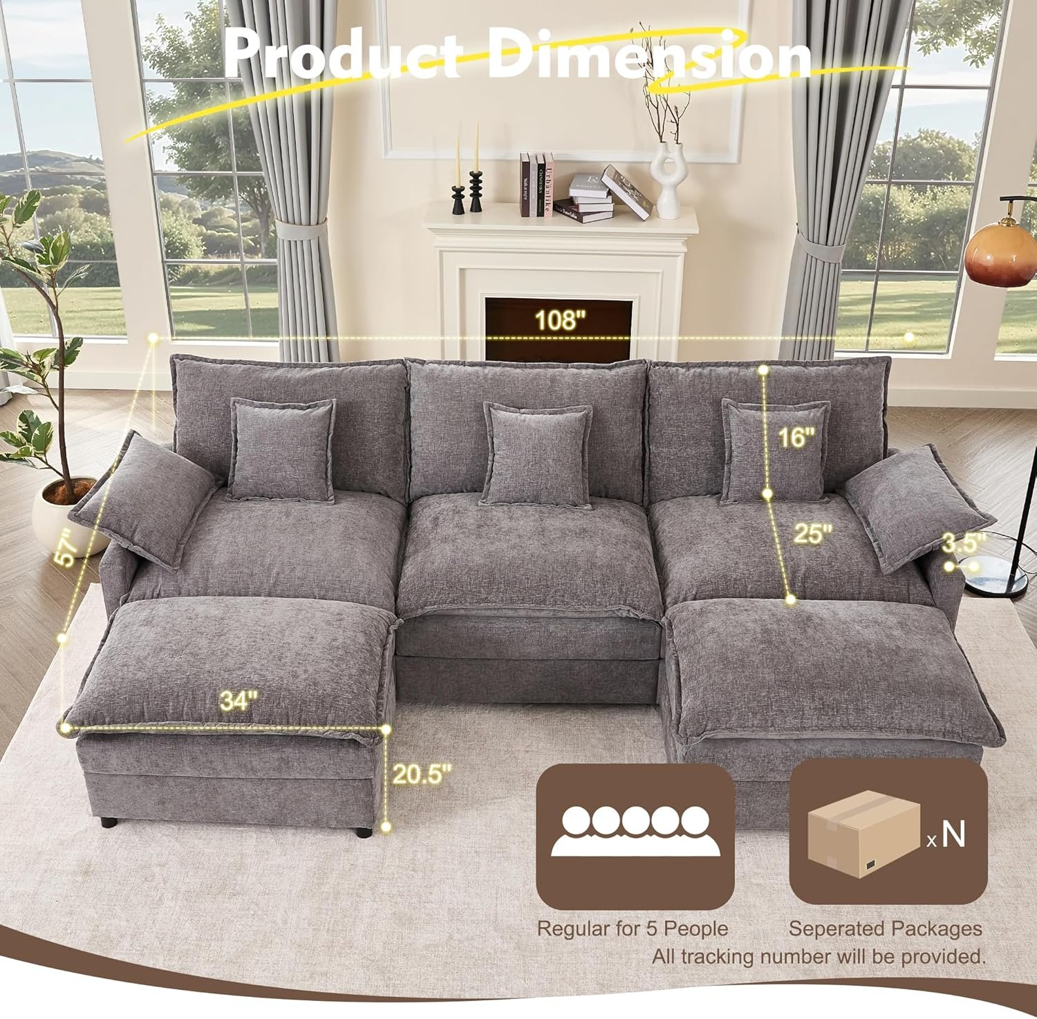 108" U Shaped Couch, Modular Sectional Sofa, 3-Seater Comfy Cloud Couch with Movable Ottoman, Deep Seat Couches for Living Room, Chenille, Slate - 图片 3