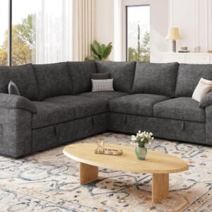 85 Inch Modular Sectional Sofa with Pull Out Bed,L Shaped 5 Seat Sectional Sleeper Sofa with Storage,Sectional Couches for Living Room,Cloud Modular Couch,Removable Sofa Cover,Dark Grey